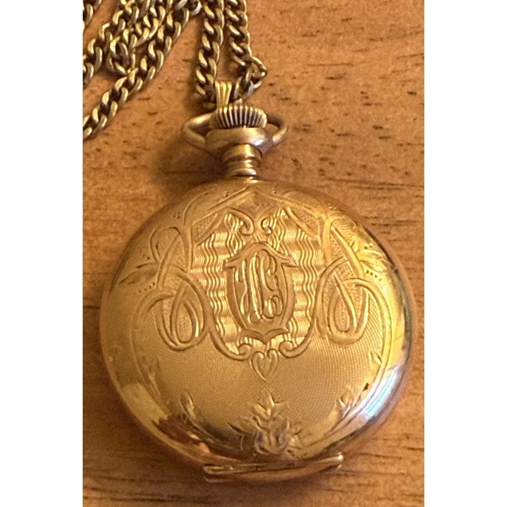 Antique 1916 Elgin Pocket Watch Gold Filled W/ Necklace Inscribed Needs Battery
